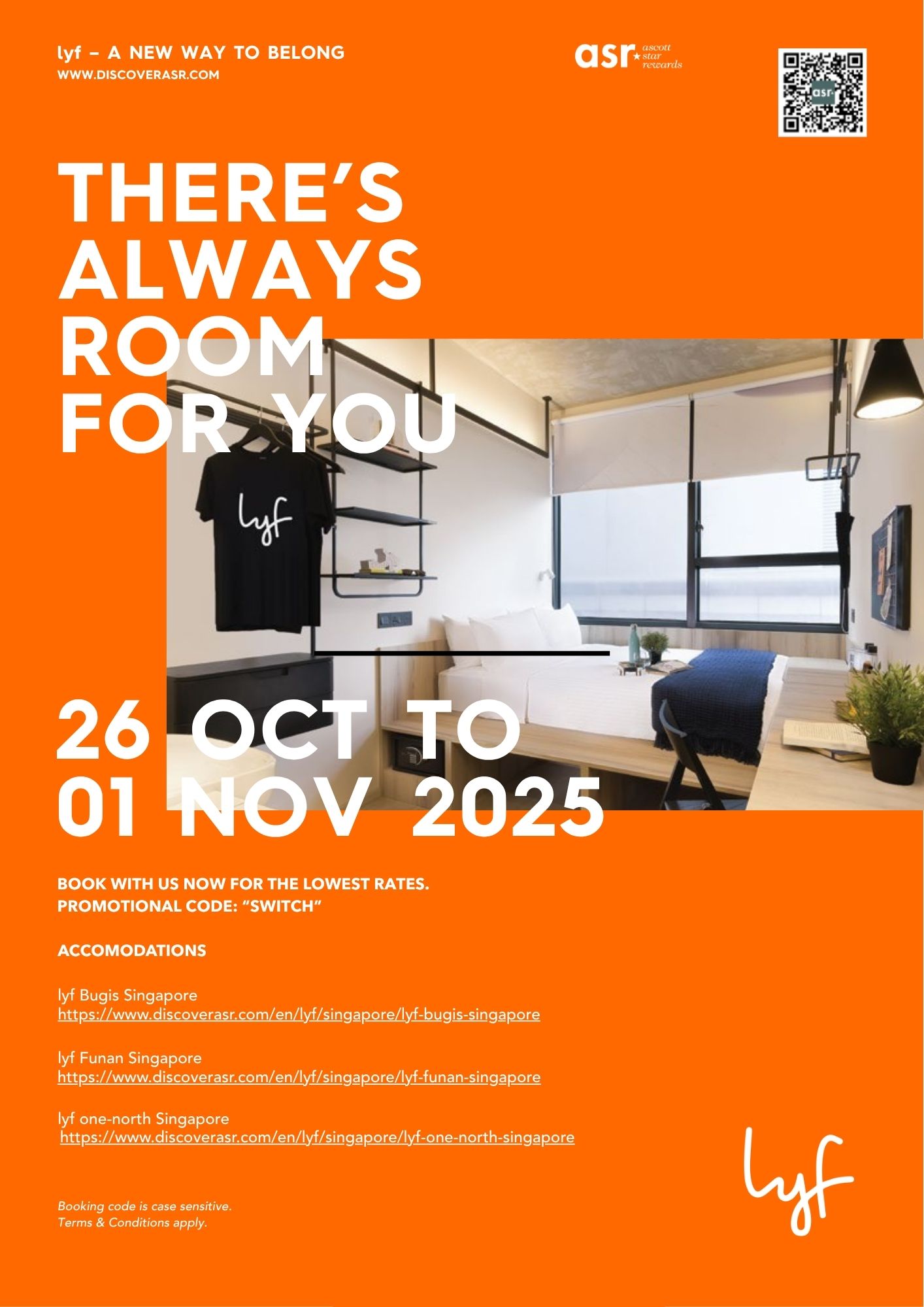 A poster for a brand called lyf promoting lowest rates on accommodation for SWITCH attendees.